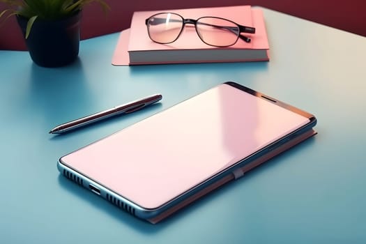 Smartphone, glasses, pen and pink notebook on blue table. Mock up. Neural network generated in May 2023. Not based on any actual scene or pattern.