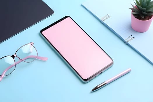 Smartphone, glasses, pen and pink notebook on blue table. Mock up. Neural network generated in May 2023. Not based on any actual scene or pattern.