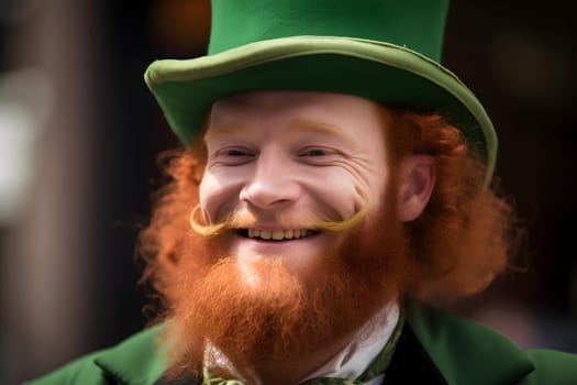 St. Patrick day. A red haired leprechaun in a green cylinder with a mischievous grin. Neural network generated in May 2023. Not based on any actual person, scene or pattern.