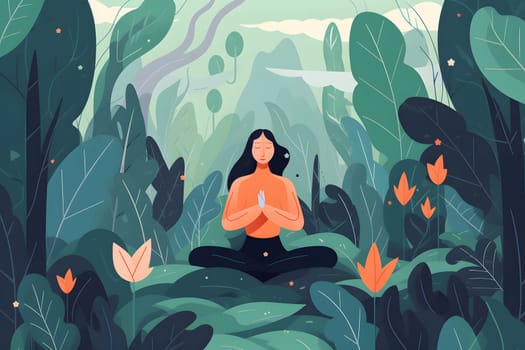 2d flat style illustration of woman meditating in a green forest in lotus position surrounded with leaves. Neural network generated in May 2023. Not based on any actual person, scene or pattern.