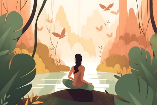 2d flat style illustration of woman meditating in front of forest lake forest in lotus position surrounded with leaves. Neural network generated in May 2023. Not based on any actual person or scene.