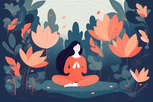 2d flat style illustration of woman meditating in green forest in lotus position surrounded with leaves. Neural network generated in May 2023. Not based on any actual person, scene or pattern.