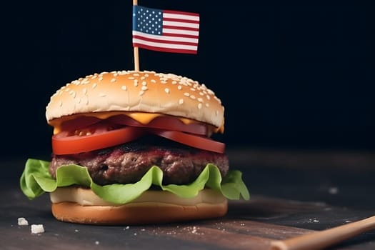 hamburger with small american flag on it, dark background, US patriotic proud theme. Neural network generated in May 2023. Not based on any actual scene or pattern.