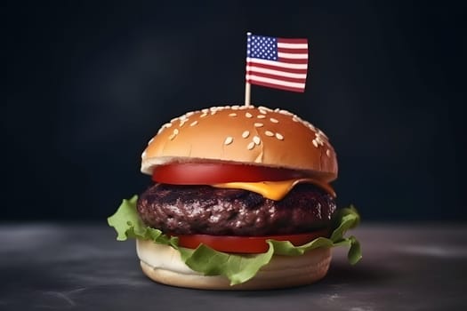 hamburger with small american flag on it, dark background, US patriotic proud theme. Neural network generated in May 2023. Not based on any actual scene or pattern.