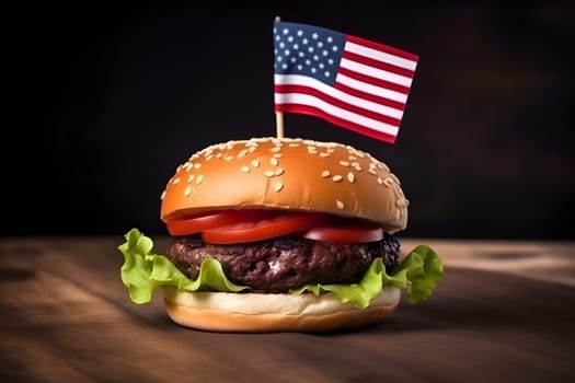 hamburger with small american flag on it, dark background, US patriotic proud theme. Neural network generated in May 2023. Not based on any actual scene or pattern.