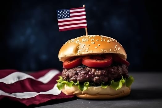 hamburger with small american flag on it, dark background, US patriotic proud theme. Neural network generated in May 2023. Not based on any actual scene or pattern.