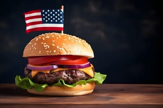 hamburger with small american flag on it, dark background, US patriotic proud theme. Neural network generated in May 2023. Not based on any actual scene or pattern.