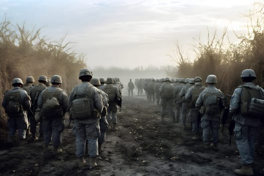 contemporary infantry army on march, rear view of soldiers moving on foot on dusty field. Neural network generated in May 2023. Not based on any actual person, scene or pattern.