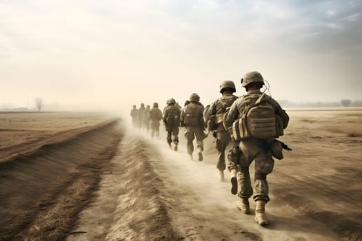 contemporary infantry army on march, rear view of soldiers moving on foot on dusty field. Neural network generated in May 2023. Not based on any actual person, scene or pattern.