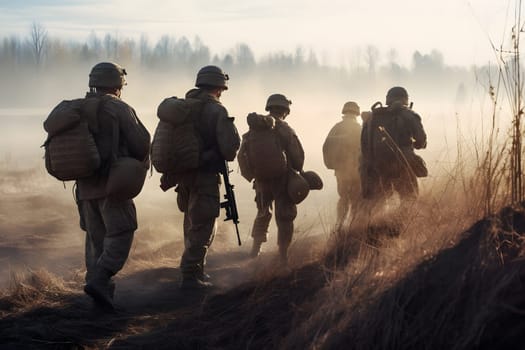 contemporary infantry army on march, rear view of soldiers moving on foot on dusty field. Neural network generated in May 2023. Not based on any actual person, scene or pattern.