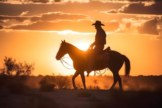 Silhouette of a cowboy on a horse at sunset. Neural network generated in May 2023. Not based on any actual person, scene or pattern.