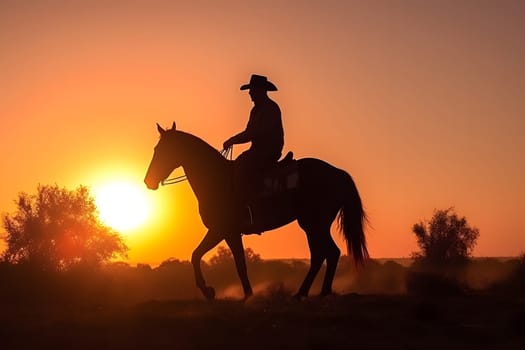 Silhouette of a cowboy on a horse at sunset. Neural network generated in May 2023. Not based on any actual person, scene or pattern.