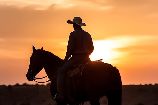 Silhouette of a cowboy on a horse at sunset. Neural network generated in May 2023. Not based on any actual person, scene or pattern.