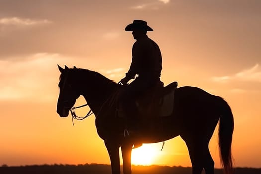 Silhouette of a cowboy on a horse at sunset. Neural network generated in May 2023. Not based on any actual person, scene or pattern.
