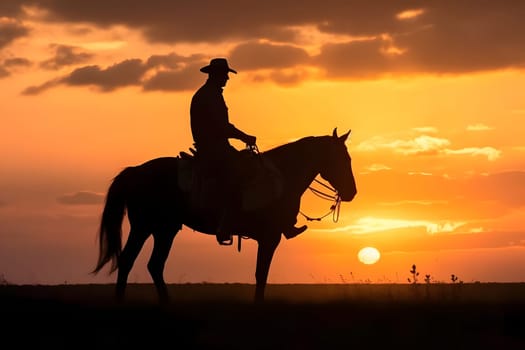 Silhouette of a cowboy on a horse at sunset. Neural network generated in May 2023. Not based on any actual person, scene or pattern.