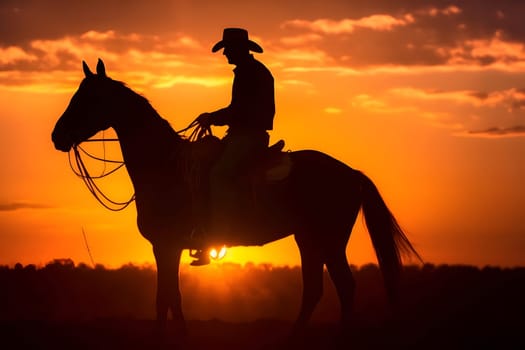 Silhouette of a cowboy on a horse at sunset. Neural network generated in May 2023. Not based on any actual person, scene or pattern.