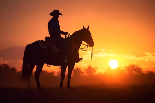 Silhouette of a cowboy on a horse at sunset. Neural network generated in May 2023. Not based on any actual person, scene or pattern.