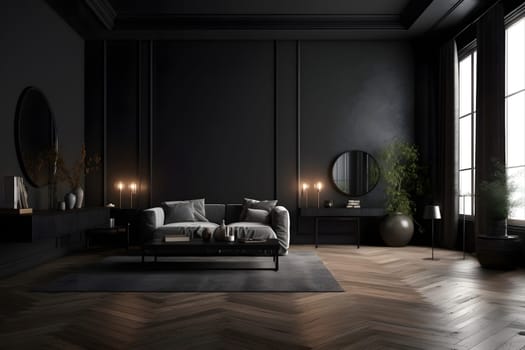 Modern dark home interior. Neural network generated in May 2023. Not based on any actual scene or pattern.
