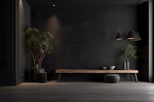 Modern dark home interior. Neural network generated in May 2023. Not based on any actual scene or pattern.