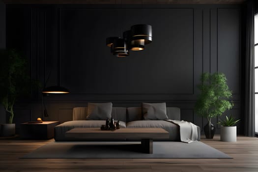 Modern dark home interior. Neural network generated in May 2023. Not based on any actual scene or pattern.