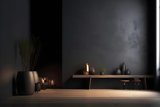 Modern dark home interior. Neural network generated in May 2023. Not based on any actual scene or pattern.