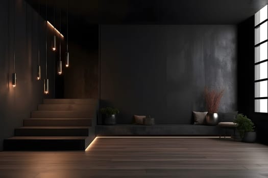 Modern dark home interior. Neural network generated in May 2023. Not based on any actual scene or pattern.