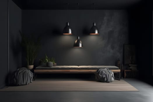 Modern dark home interior. Neural network generated in May 2023. Not based on any actual scene or pattern.