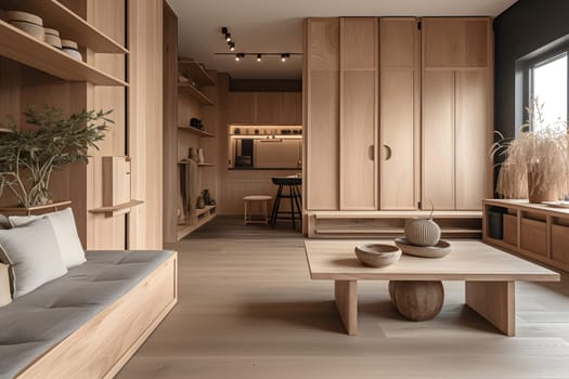Modern Japandi interior design appartment. Neural network generated in May 2023. Not based on any actual scene or pattern.
