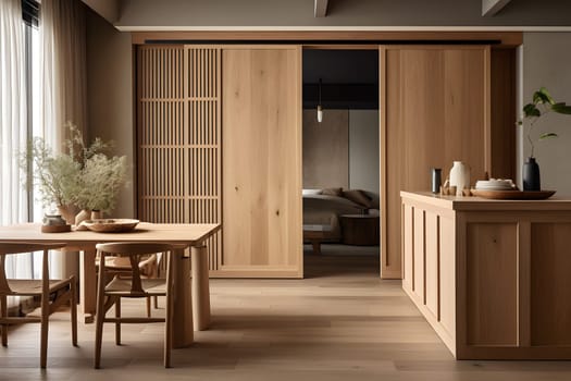 Modern Japandi interior design appartment. Neural network generated in May 2023. Not based on any actual scene or pattern.