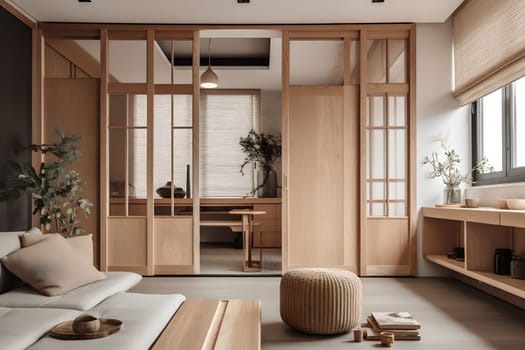 Modern Japandi interior design appartment. Neural network generated in May 2023. Not based on any actual scene or pattern.