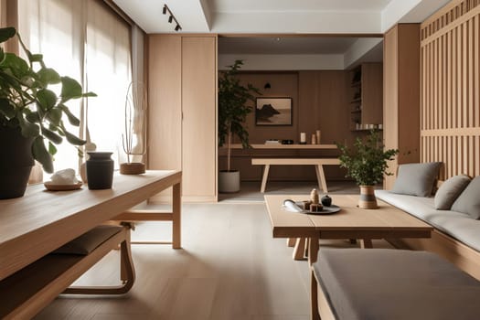 Modern Japandi interior design appartment. Neural network generated in May 2023. Not based on any actual scene or pattern.