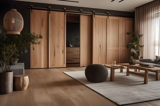 Modern Japandi interior design appartment. Neural network generated in May 2023. Not based on any actual scene or pattern.