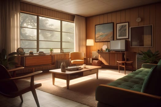 photorealistic mid century interior with sunlight from windows at summer day. Neural network generated in May 2023. Not based on any actual scene or pattern.