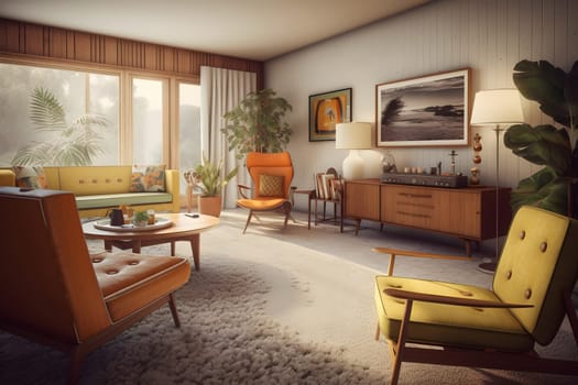 photorealistic mid century interior with sunlight from windows at summer day. Neural network generated in May 2023. Not based on any actual scene or pattern.