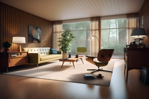 photorealistic mid century interior with sunlight from windows at summer day. Neural network generated in May 2023. Not based on any actual scene or pattern.