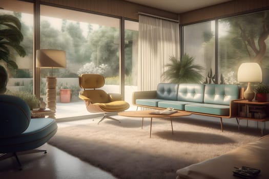 photorealistic mid century interior with sunlight from windows at summer day. Neural network generated in May 2023. Not based on any actual scene or pattern.