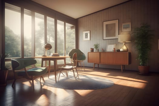 photorealistic mid century interior with sunlight from windows at summer day. Neural network generated in May 2023. Not based on any actual scene or pattern.