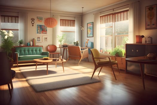 photorealistic mid century interior with sunlight from windows at summer day. Neural network generated in May 2023. Not based on any actual scene or pattern.