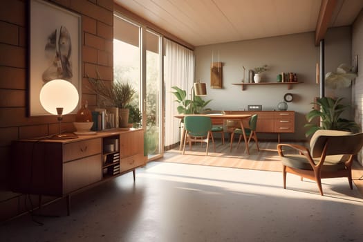 photorealistic mid century interior with sunlight from windows at summer day. Neural network generated in May 2023. Not based on any actual scene or pattern.