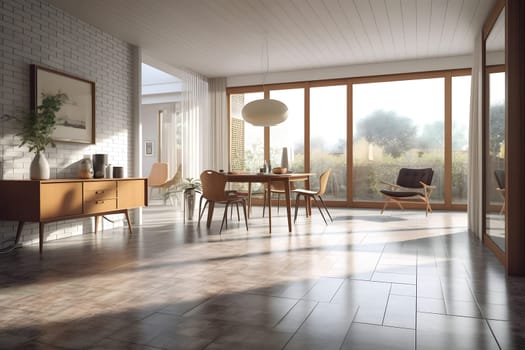 photorealistic mid century interior with sunlight from windows at summer day. Neural network generated in May 2023. Not based on any actual scene or pattern.