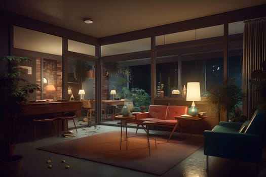 photorealistic mid century interior at summer night. Neural network generated in May 2023. Not based on any actual scene or pattern.