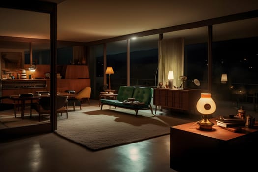 photorealistic mid century interior at summer night. Neural network generated in May 2023. Not based on any actual scene or pattern.