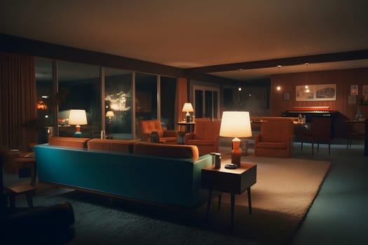 photorealistic mid century interior at summer night. Neural network generated in May 2023. Not based on any actual scene or pattern.