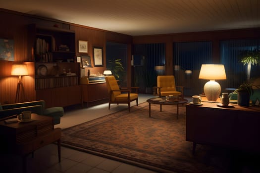 photorealistic mid century interior at summer night. Neural network generated in May 2023. Not based on any actual scene or pattern.