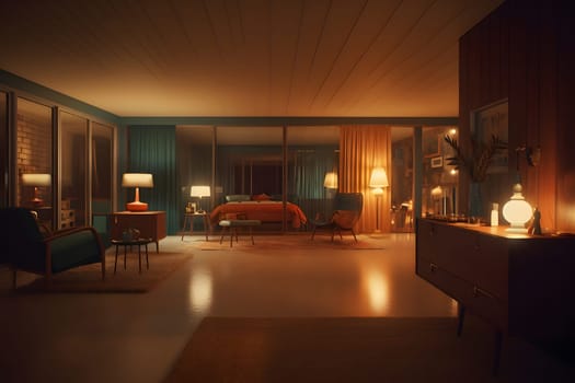 photorealistic mid century interior at summer night. Neural network generated in May 2023. Not based on any actual scene or pattern.
