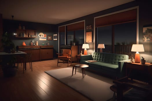 photorealistic mid century interior at summer night. Neural network generated in May 2023. Not based on any actual scene or pattern.