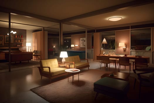 photorealistic mid century interior at summer night. Neural network generated in May 2023. Not based on any actual scene or pattern.
