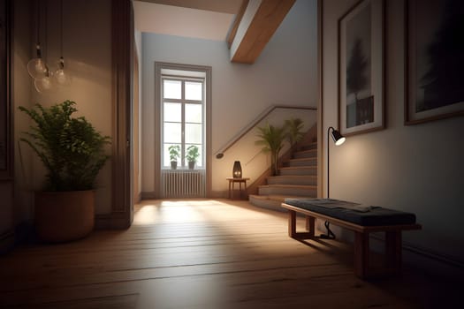 classic home interior with window, stairs potted plant and bench. Neural network generated in May 2023. Not based on any actual scene or pattern.