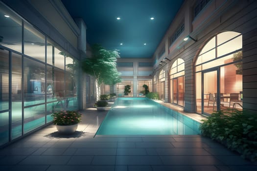 residential building indoor public swimming pool. Neural network generated in May 2023. Not based on any actual scene or pattern.