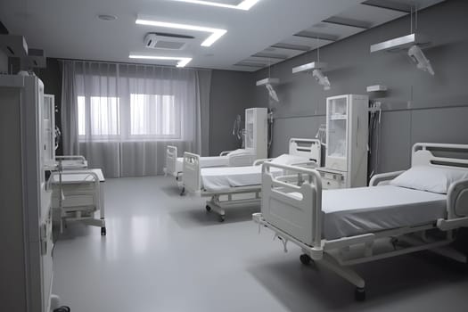 Recovery Room in hospital with comfortable beds and medical equipment. Neural network generated in May 2023. Not based on any actual scene or pattern.